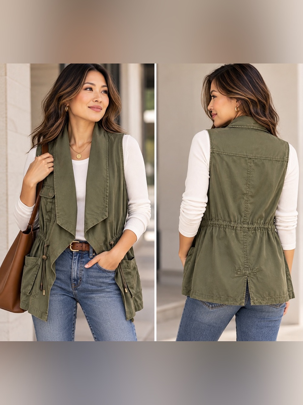 Daniel Rainn Olive Green Utility Vest Draped Waterfall Front Cotton Size S
